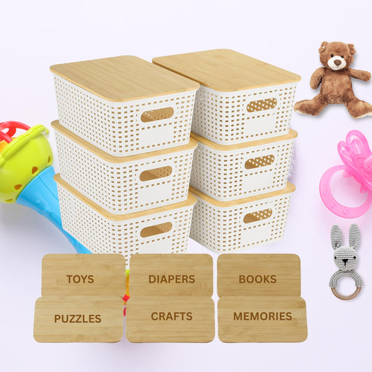 Stackable Kids Toys Storage Bins with Engraved Bamboo Lids, 6 Pack Nursery & Playroom Organizer for Children Toys Diapers Books Puzzle Craft