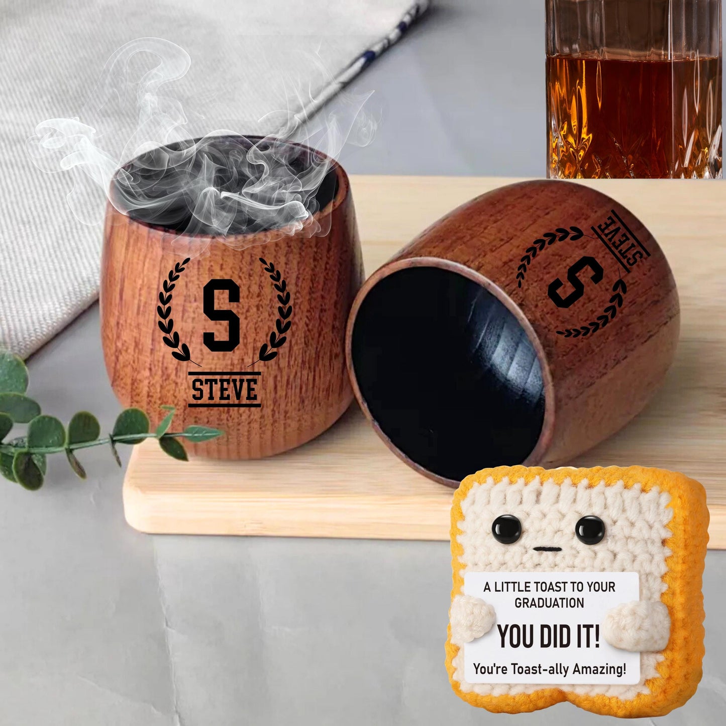 Personalized Wooden Bourbon Drinking Glass, Graduation Gifts for Men, Wood Whiskey Glass, 2026 Day Gift for Him, Cute Crochet gift Boyfriend