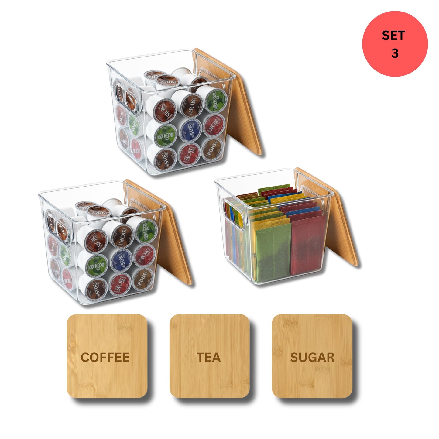 Engraved Coffee Pod Organizer Set 3 Pack, Clear K Cup Storage Bins with Bamboo Lids, Stackable Coffee Bar Containers for Pods, Tea & Sugar