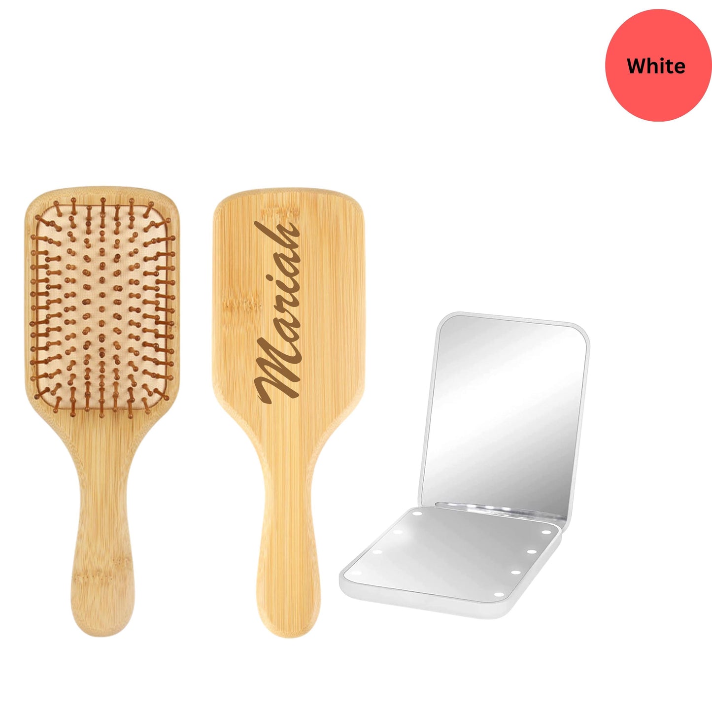 Custom Hair Brush & LED Pocket Mirror Set, Custom Bridesmaid Gift, Bridal Party Gift, 1X/3X Magnification Compact Travel Mirror with Light