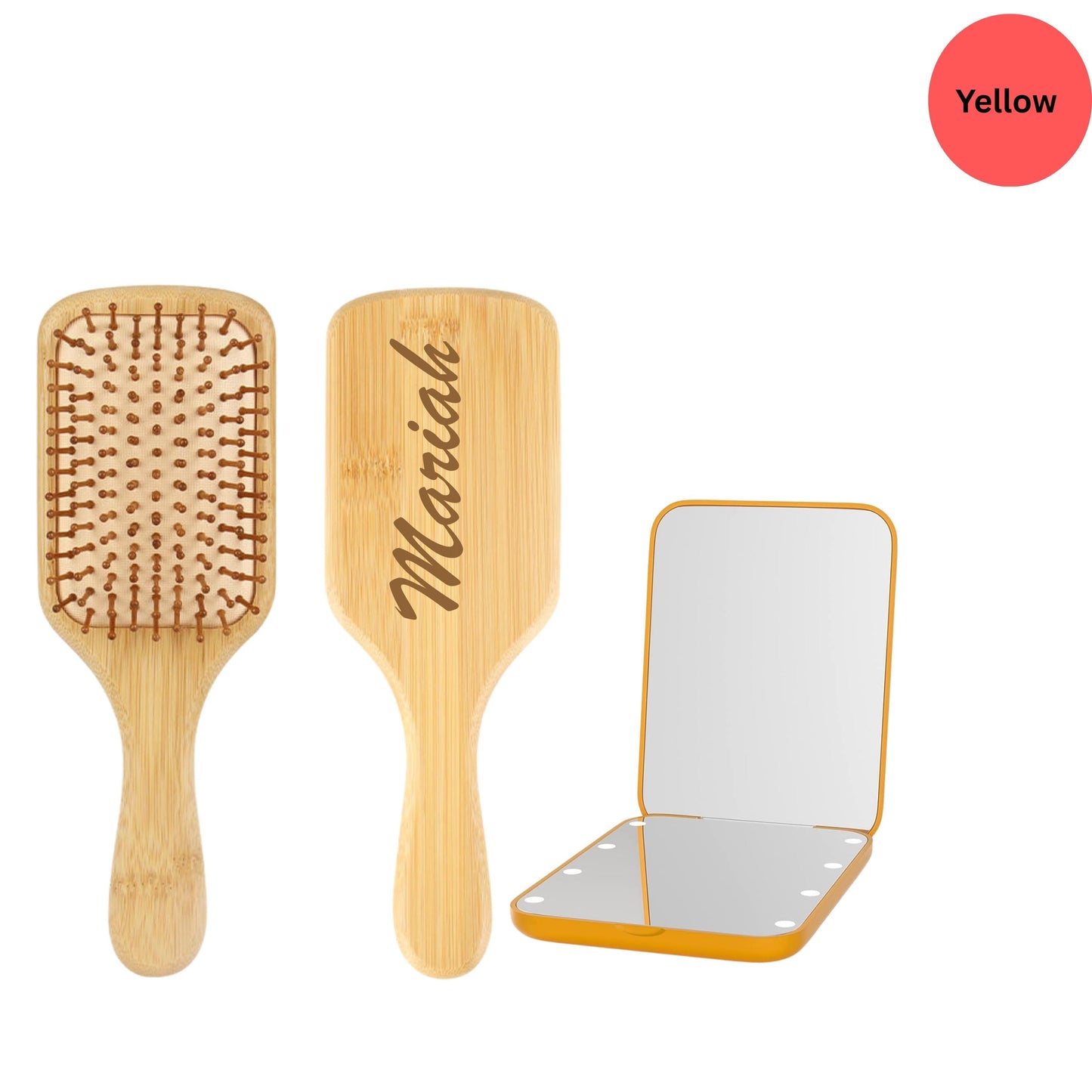 Custom Hair Brush & LED Pocket Mirror Set, Custom Bridesmaid Gift, Bridal Party Gift, 1X/3X Magnification Compact Travel Mirror with Light
