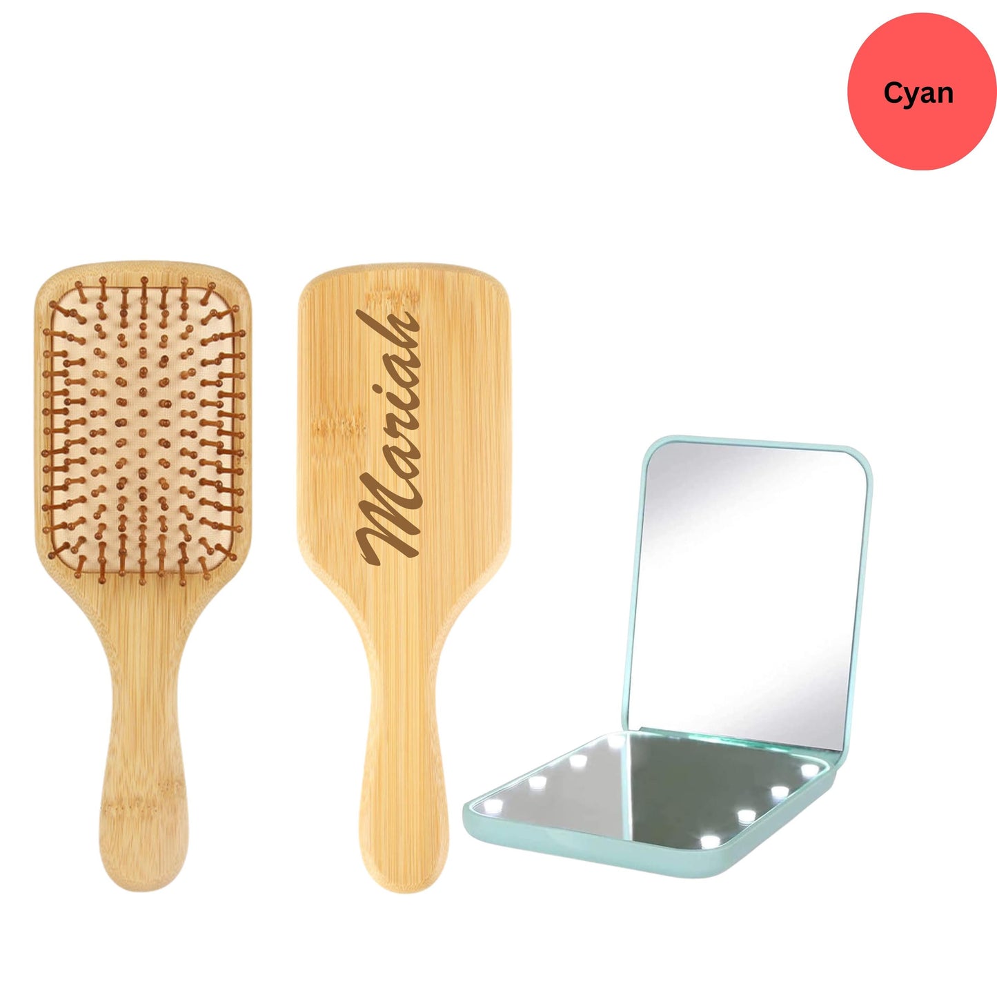 Custom Hair Brush & LED Pocket Mirror Set, Custom Bridesmaid Gift, Bridal Party Gift, 1X/3X Magnification Compact Travel Mirror with Light