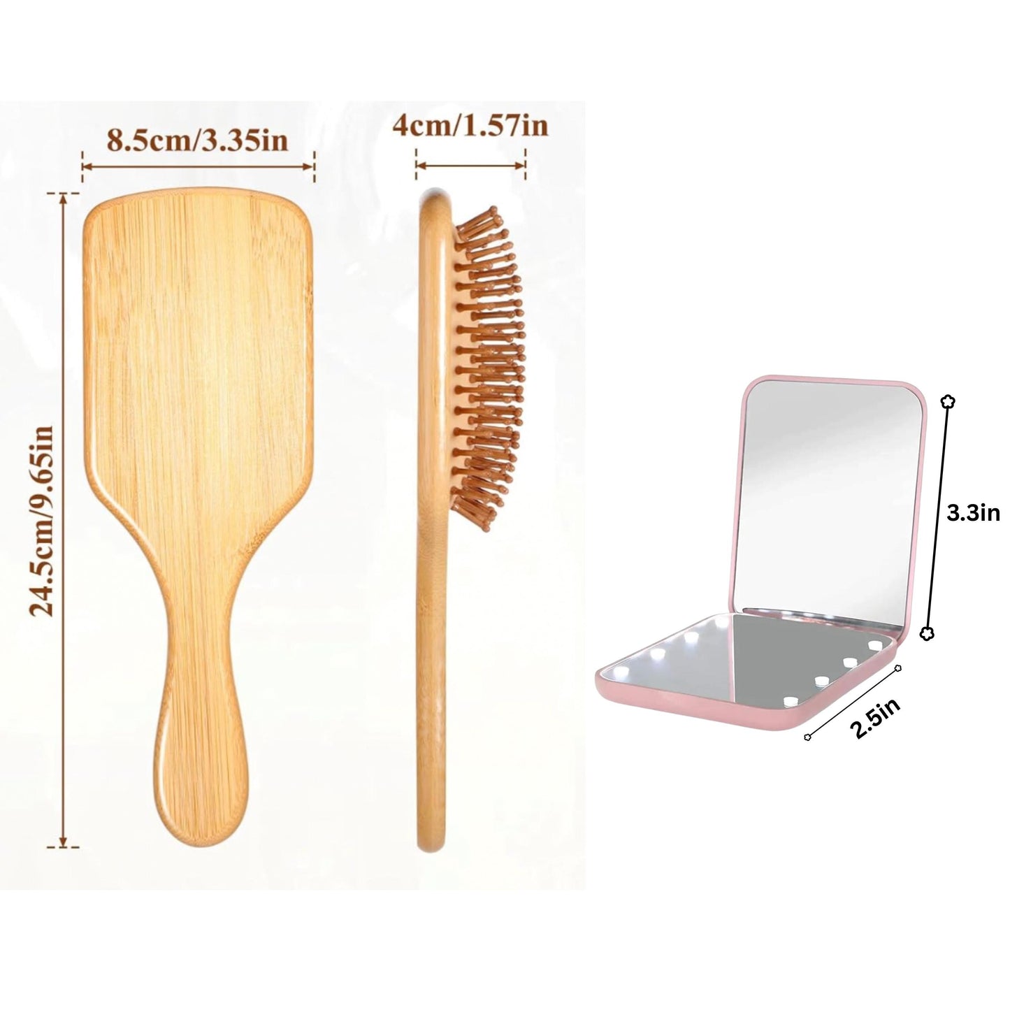 Custom Hair Brush & LED Pocket Mirror Set, Custom Bridesmaid Gift, Bridal Party Gift, 1X/3X Magnification Compact Travel Mirror with Light