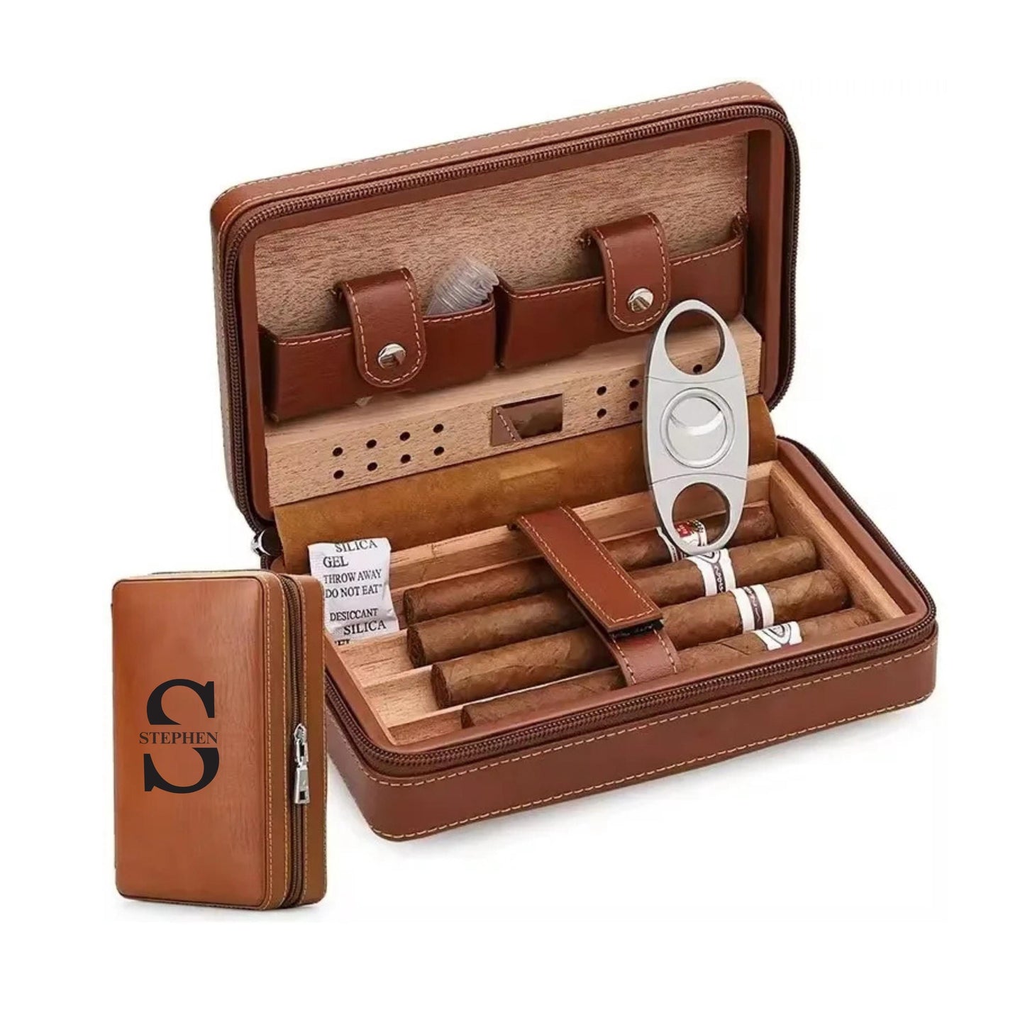 Personalized Leather Cigar Travel Case, Groomsmen Fathers Day Husband Gift, Custom Gift for Cigar Lover, Cigar Holder with Cutter for Men