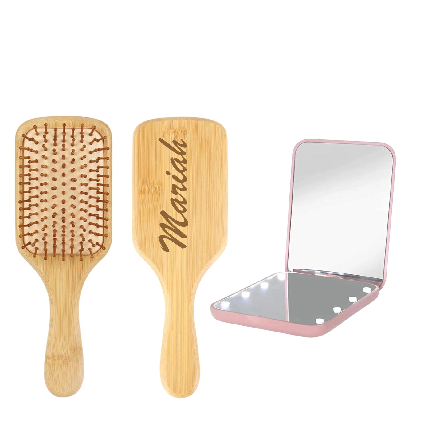 Custom Hair Brush & LED Pocket Mirror Set, Custom Bridesmaid Gift, Bridal Party Gift, 1X/3X Magnification Compact Travel Mirror with Light