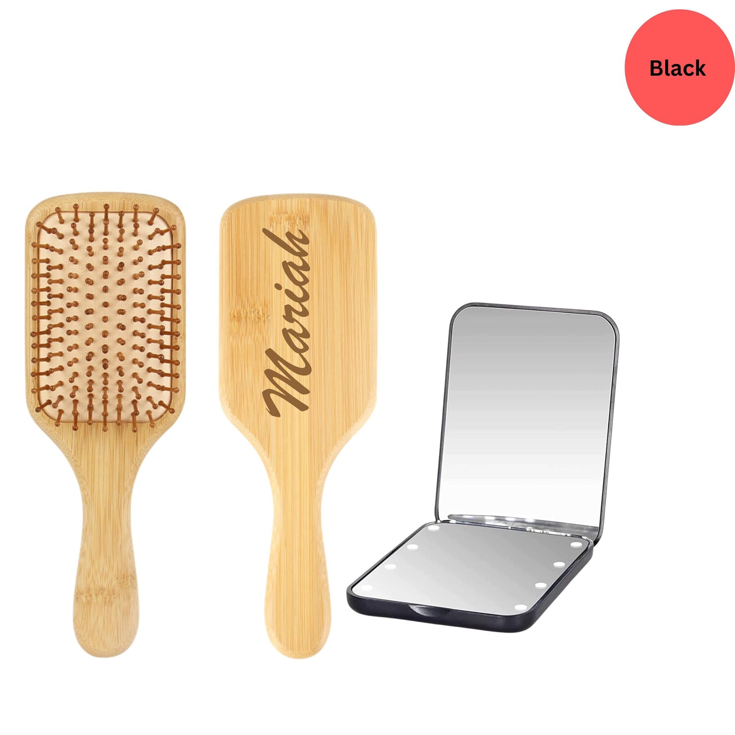 Custom Hair Brush & LED Pocket Mirror Set, Custom Bridesmaid Gift, Bridal Party Gift, 1X/3X Magnification Compact Travel Mirror with Light
