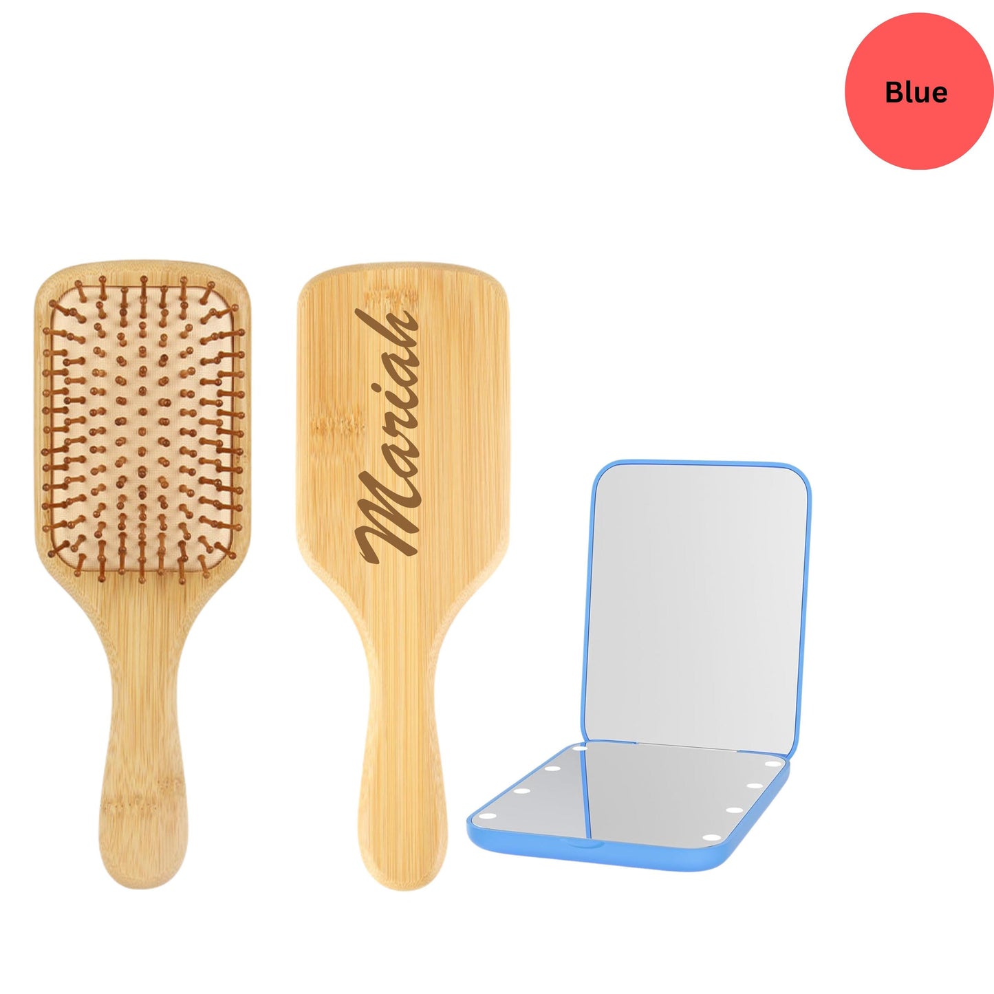 Custom Hair Brush & LED Pocket Mirror Set, Custom Bridesmaid Gift, Bridal Party Gift, 1X/3X Magnification Compact Travel Mirror with Light
