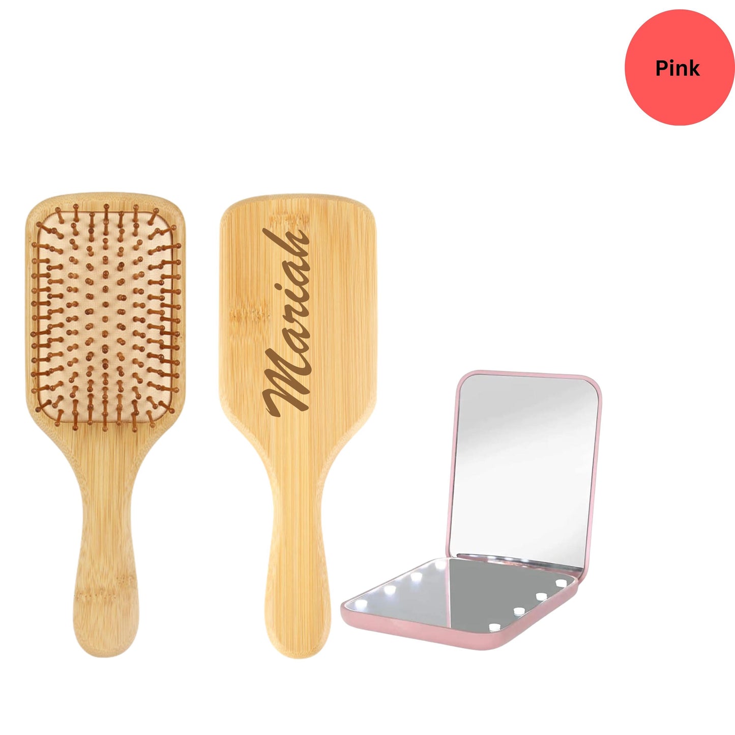 Custom Hair Brush & LED Pocket Mirror Set, Custom Bridesmaid Gift, Bridal Party Gift, 1X/3X Magnification Compact Travel Mirror with Light