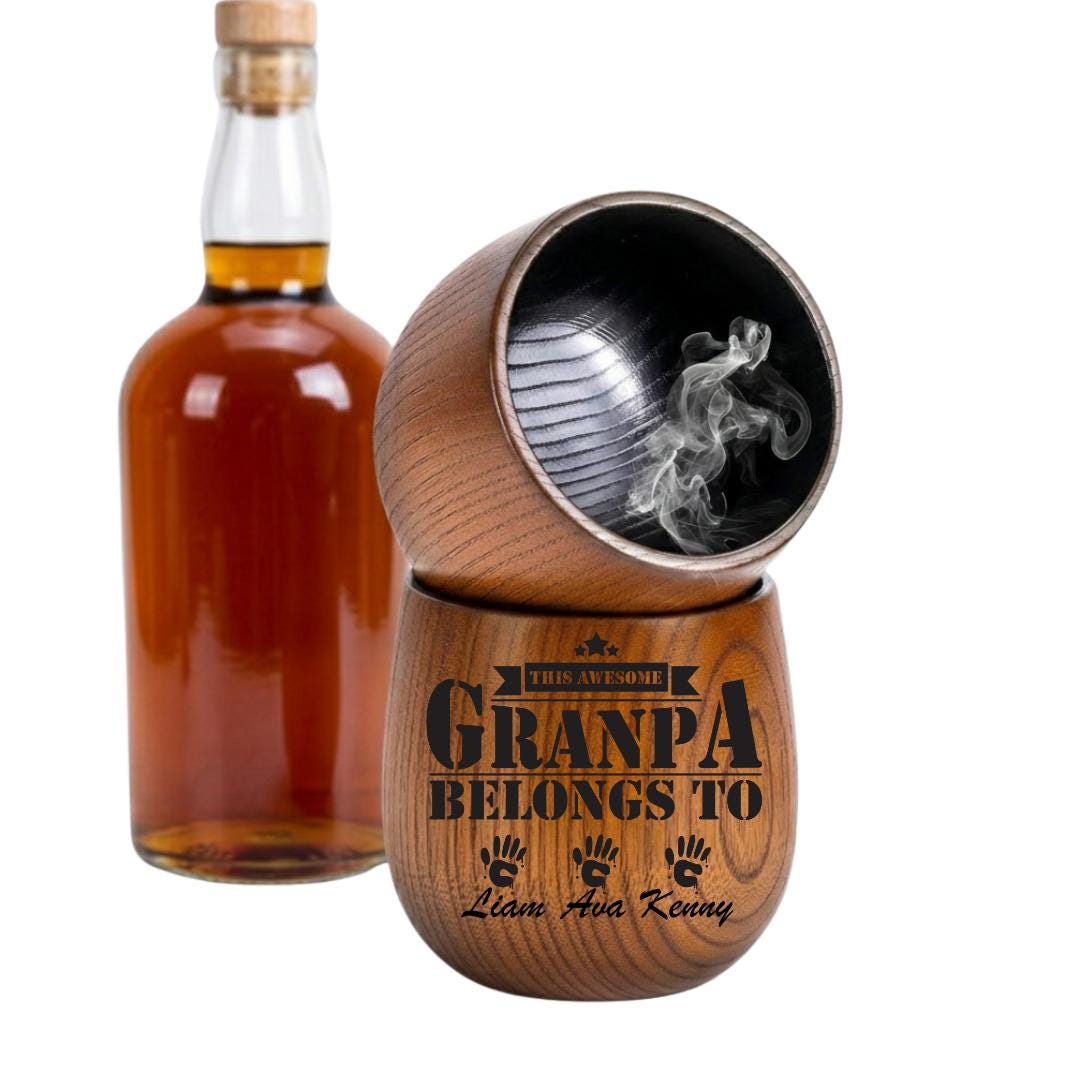 Personalized Grandpa Gift, Oak Wood Whiskey Glass, Charred Bourbon Cup, Father's Day Gift, This Awesome Grandpa Belongs To Grandkids Names
