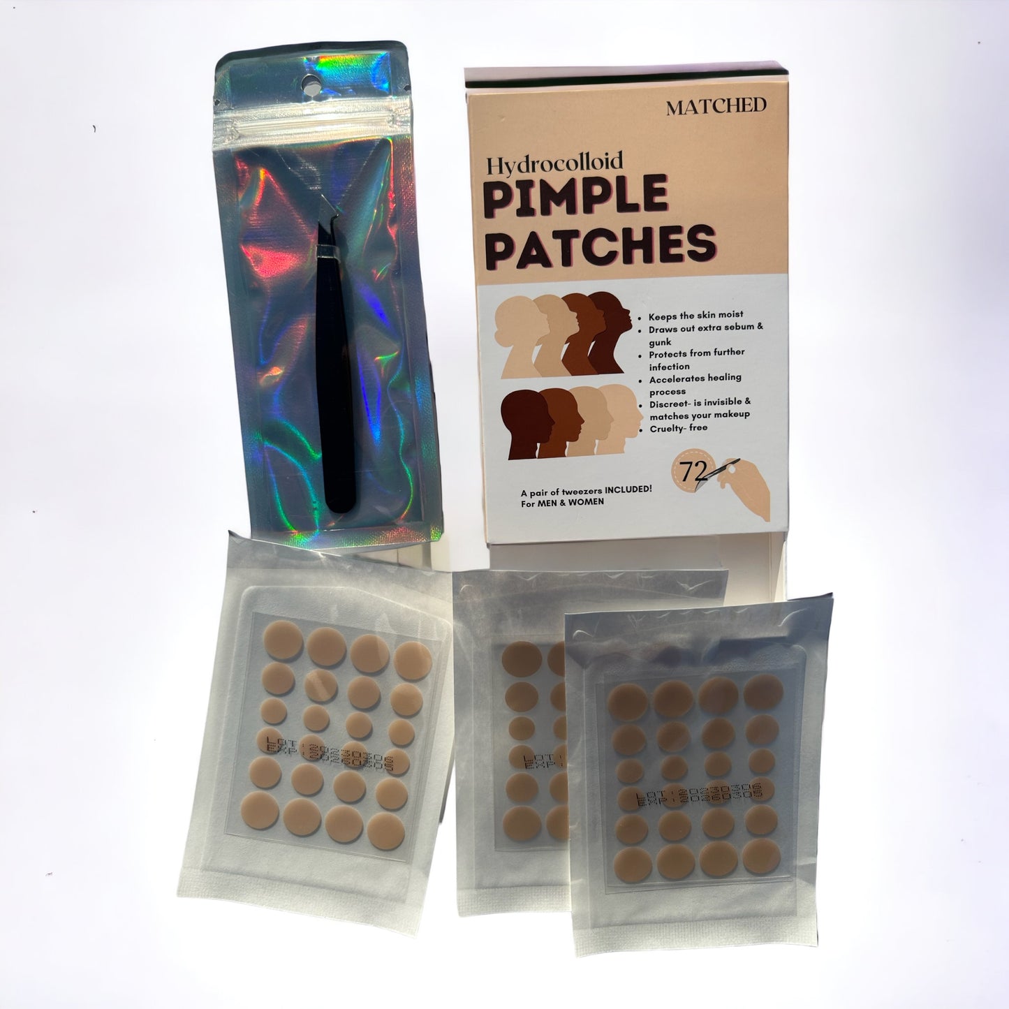 MATCHED Hydrocolloid Pimple Patches- Invisible Acne Patches for Face, 3 Sizes, 72-Count (MTL)